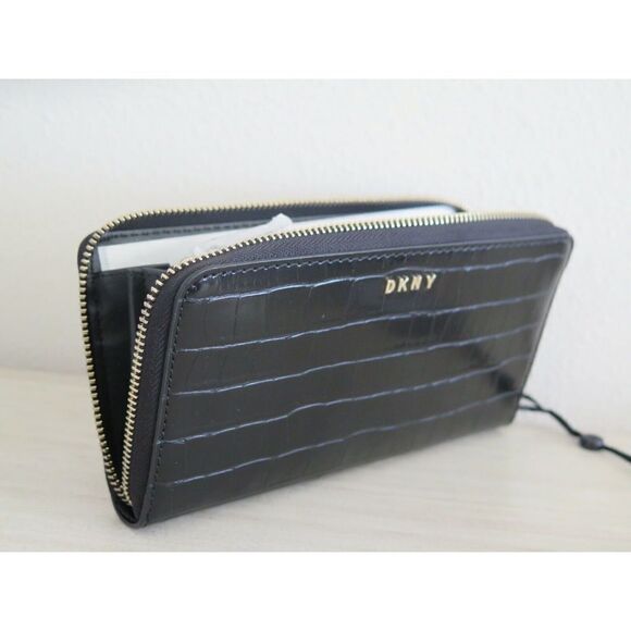 DKNY Black Croc Embossed PU Leather Vela Large Zip Around Wallet $128 - Picture 8 of 12